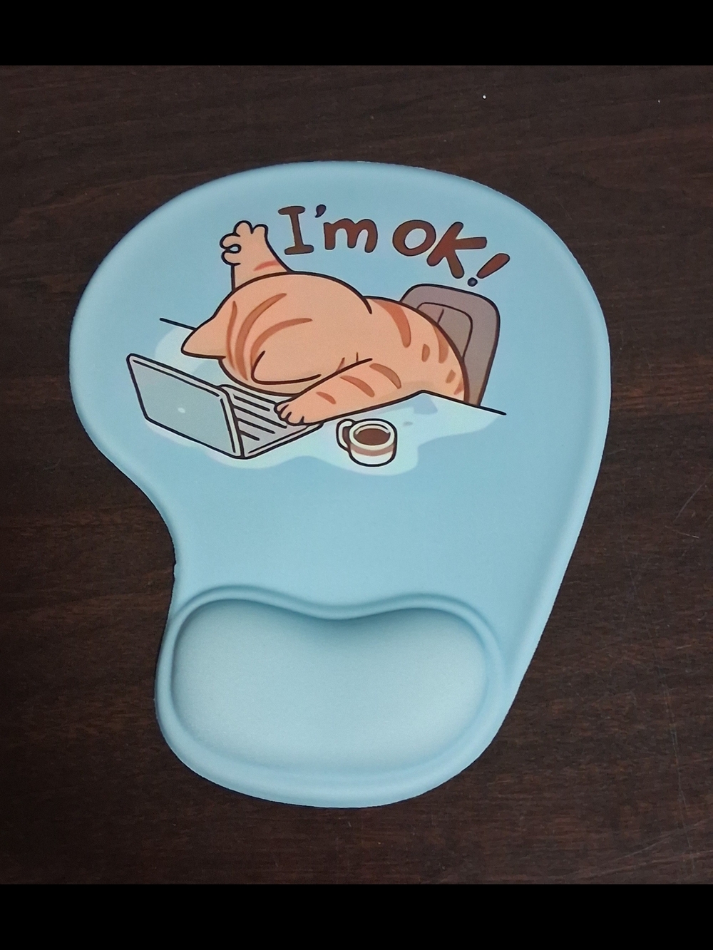Blue Gel Mouse Pad Wrist Rest with Cute Cat "I'm OK" Design